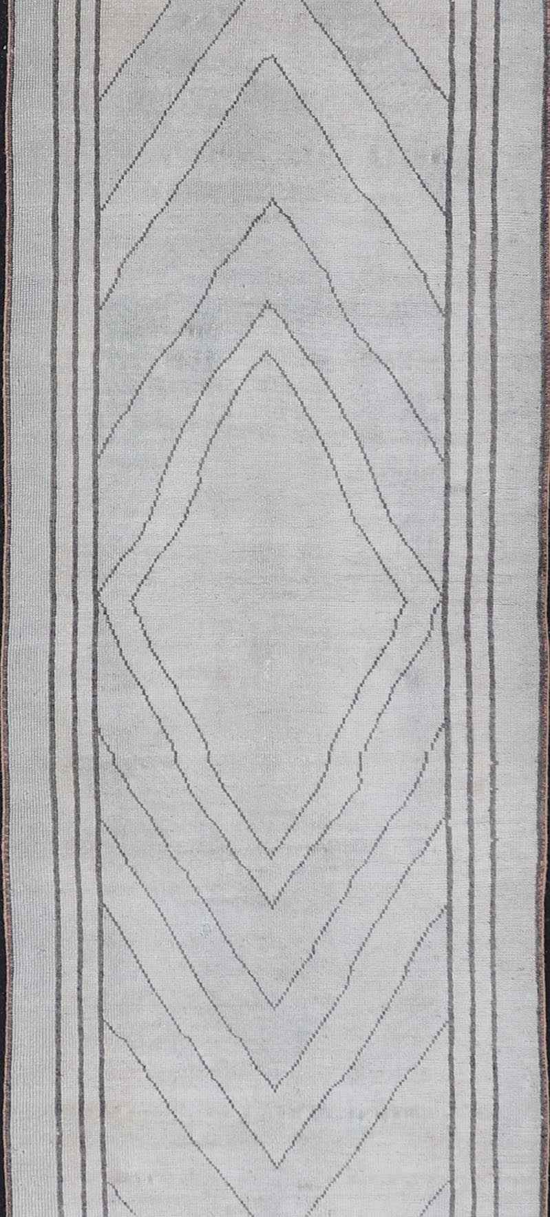 Vintage Turkish Unique Runner with Modern Design in Lt. Blue, Taupe and Brown Vintage Oushak runner with modern design with light blue, taupe, brown and cream in a neutral color palette and medallion design, Keivan Woven Arts rug TU - MTU - 4952, ... - Keivan Woven ArtsTU - MTU - 4952 - 18631Rug
