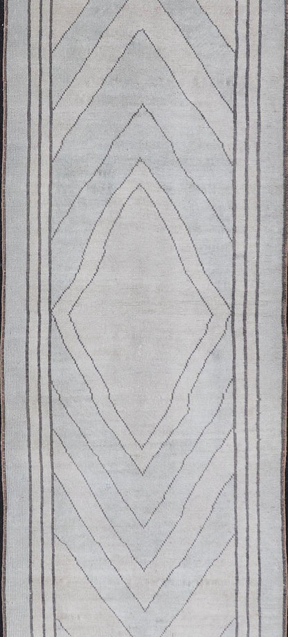 Vintage Turkish Unique Runner with Modern Design in Lt. Blue, Taupe and Brown Vintage Oushak runner with modern design with light blue, taupe, brown and cream in a neutral color palette and medallion design, Keivan Woven Arts rug TU - MTU - 4952, ... - Keivan Woven ArtsTU - MTU - 4952 - 18631Rug