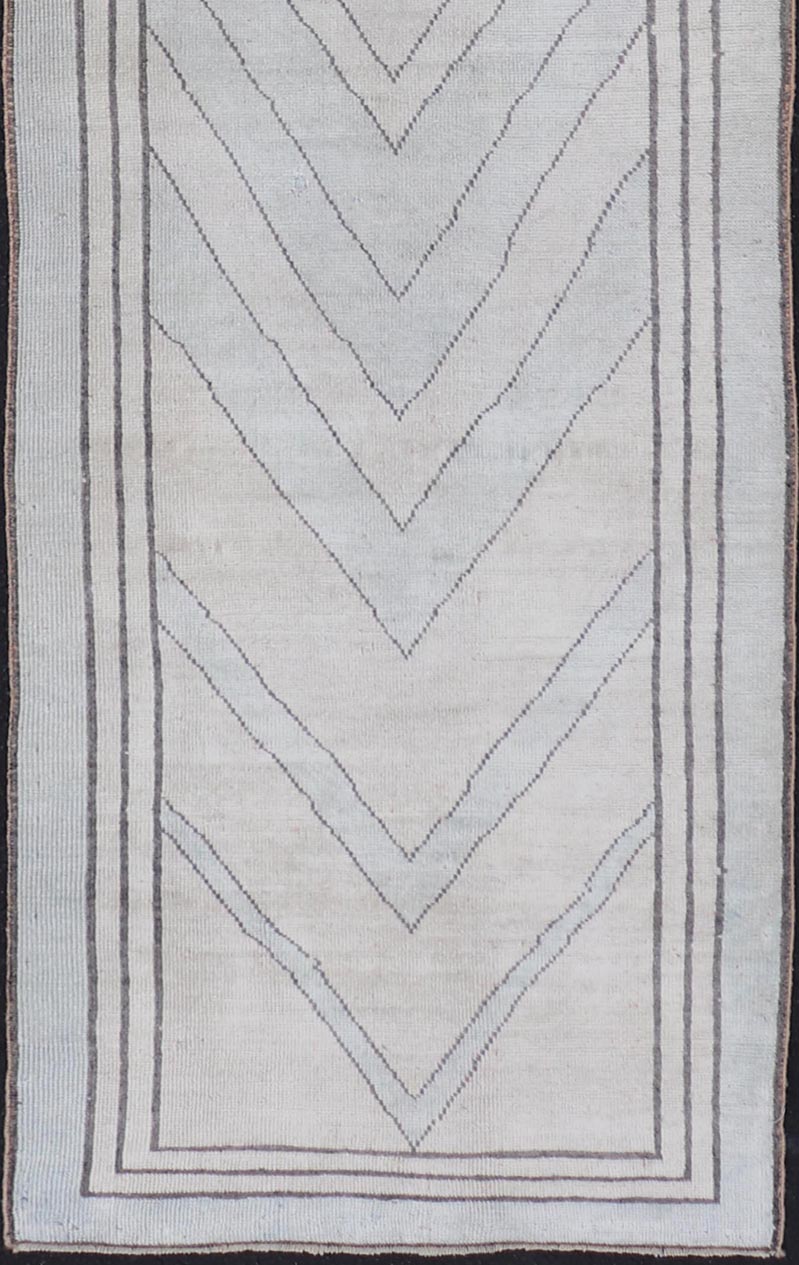 Vintage Turkish Unique Runner with Modern Design in Lt. Blue, Taupe and Brown Vintage Oushak runner with modern design with light blue, taupe, brown and cream in a neutral color palette and medallion design, Keivan Woven Arts rug TU - MTU - 4952, ... - Keivan Woven ArtsTU - MTU - 4952 - 18631Rug