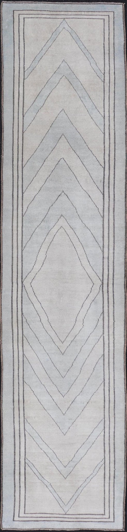 Vintage Turkish Unique Runner with Modern Design in Lt. Blue, Taupe and Brown Vintage Oushak runner with modern design with light blue, taupe, brown and cream in a neutral color palette and medallion design, Keivan Woven Arts rug TU - MTU - 4952, ... - Keivan Woven ArtsTU - MTU - 4952 - 18631Rug