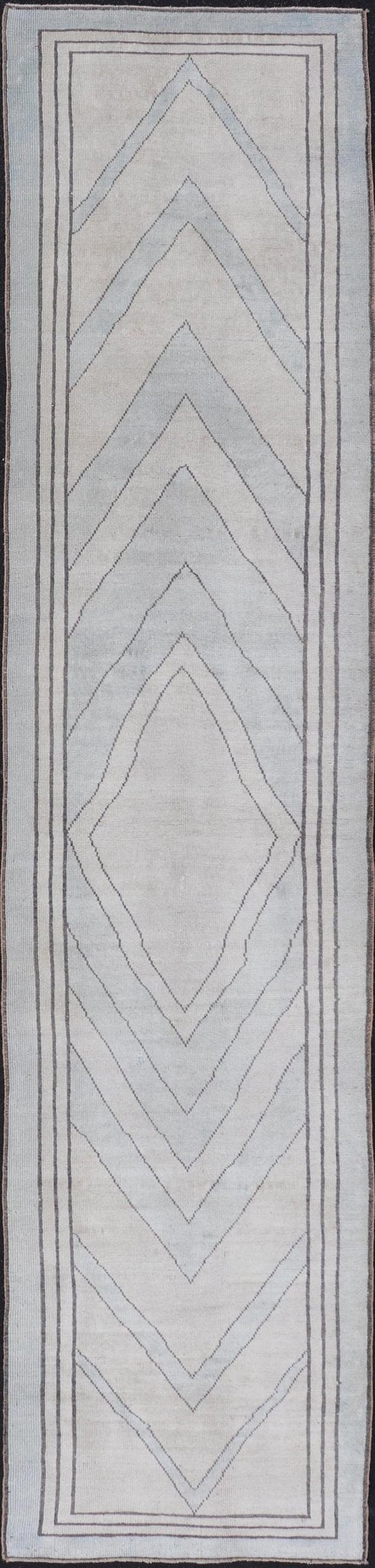 Vintage Turkish Unique Runner with Modern Design in Lt. Blue, Taupe and Brown Vintage Oushak runner with modern design with light blue, taupe, brown and cream in a neutral color palette and medallion design, Keivan Woven Arts rug TU - MTU - 4952, ... - Keivan Woven ArtsTU - MTU - 4952 - 18631Rug