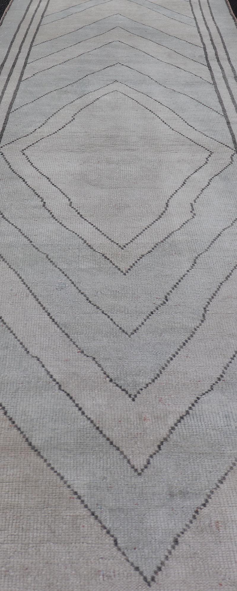 Vintage Turkish Unique Runner with Modern Design in Lt. Blue, Taupe and Brown Vintage Oushak runner with modern design with light blue, taupe, brown and cream in a neutral color palette and medallion design, Keivan Woven Arts rug TU - MTU - 4952, ... - Keivan Woven ArtsTU - MTU - 4952 - 18631Rug