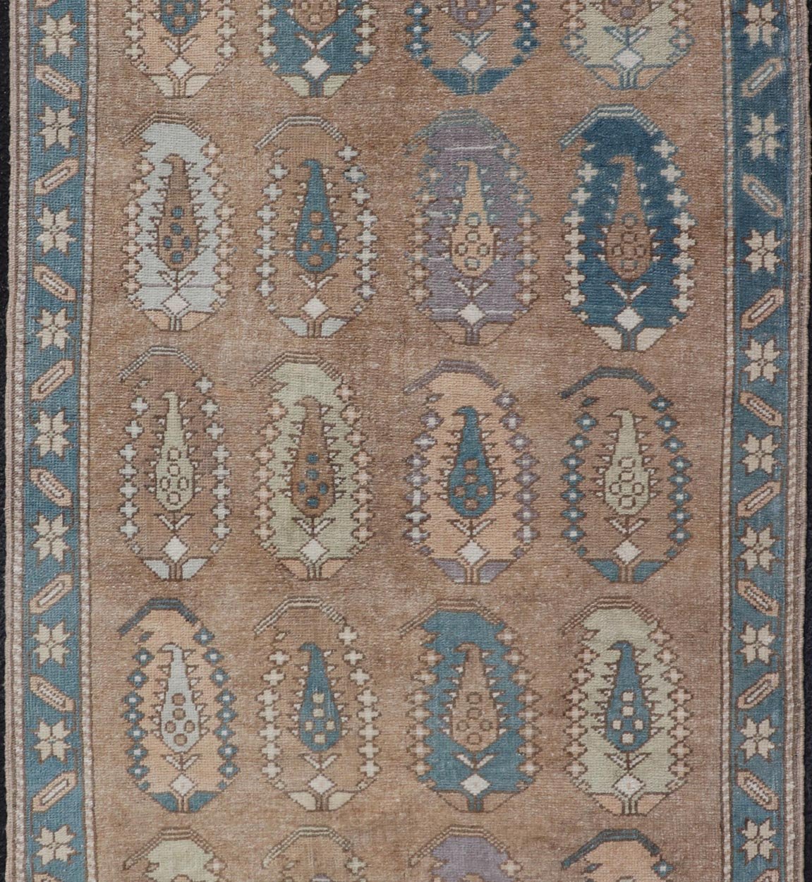 All - Over paisley Design Vintage Turkish Tulu, Keivan Woven Arts / rug TU - MTU - 4953, country of origin / type: Turkey / Oushak, circa 1940. Measures: 3'5 x 6'1 Vintage Turkish Tulu Rug with large Scale Paisley Design in Tans, Brown and Blue - Keivan Woven ArtsTU - MTU - 4953 - 18992Rug