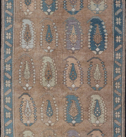 All - Over paisley Design Vintage Turkish Tulu, Keivan Woven Arts / rug TU - MTU - 4953, country of origin / type: Turkey / Oushak, circa 1940. Measures: 3'5 x 6'1 Vintage Turkish Tulu Rug with large Scale Paisley Design in Tans, Brown and Blue - Keivan Woven ArtsTU - MTU - 4953 - 18992Rug