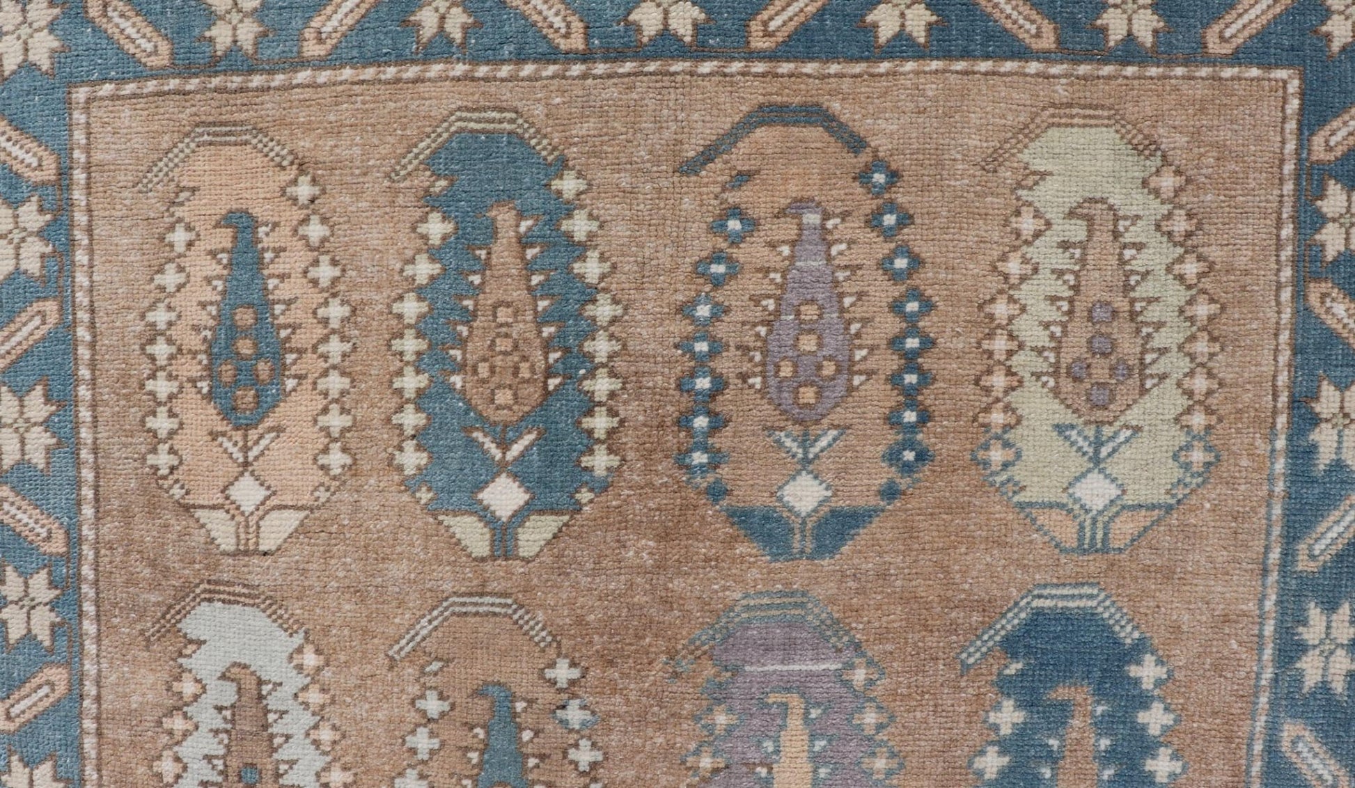 All - Over paisley Design Vintage Turkish Tulu, Keivan Woven Arts / rug TU - MTU - 4953, country of origin / type: Turkey / Oushak, circa 1940. Measures: 3'5 x 6'1 Vintage Turkish Tulu Rug with large Scale Paisley Design in Tans, Brown and Blue - Keivan Woven ArtsTU - MTU - 4953 - 18992Rug