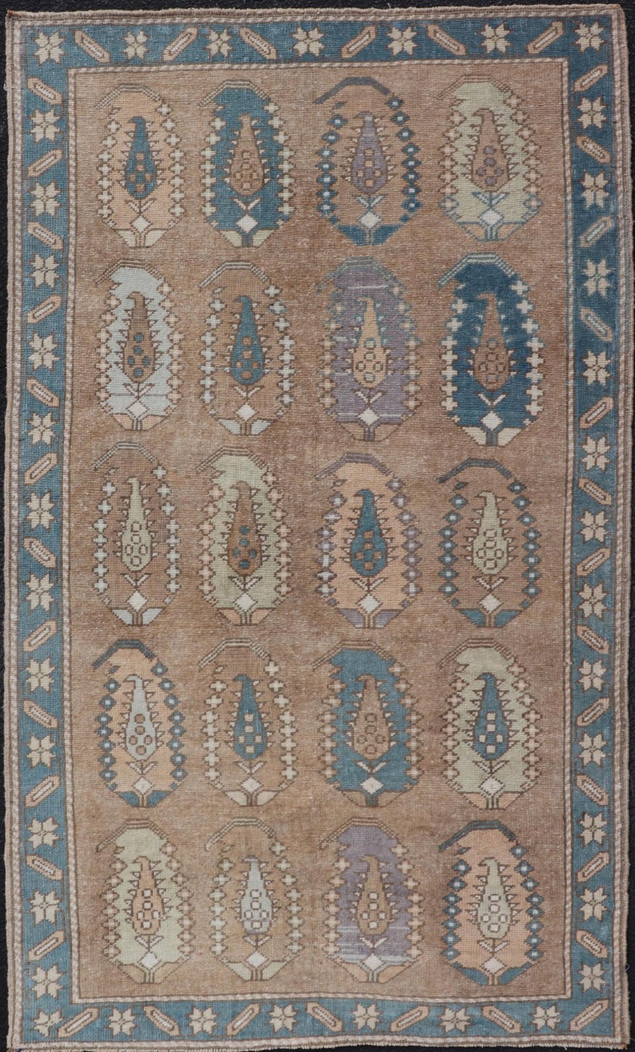 All - Over paisley Design Vintage Turkish Tulu, Keivan Woven Arts / rug TU - MTU - 4953, country of origin / type: Turkey / Oushak, circa 1940. Measures: 3'5 x 6'1 Vintage Turkish Tulu Rug with large Scale Paisley Design in Tans, Brown and Blue - Keivan Woven ArtsTU - MTU - 4953 - 18992Rug