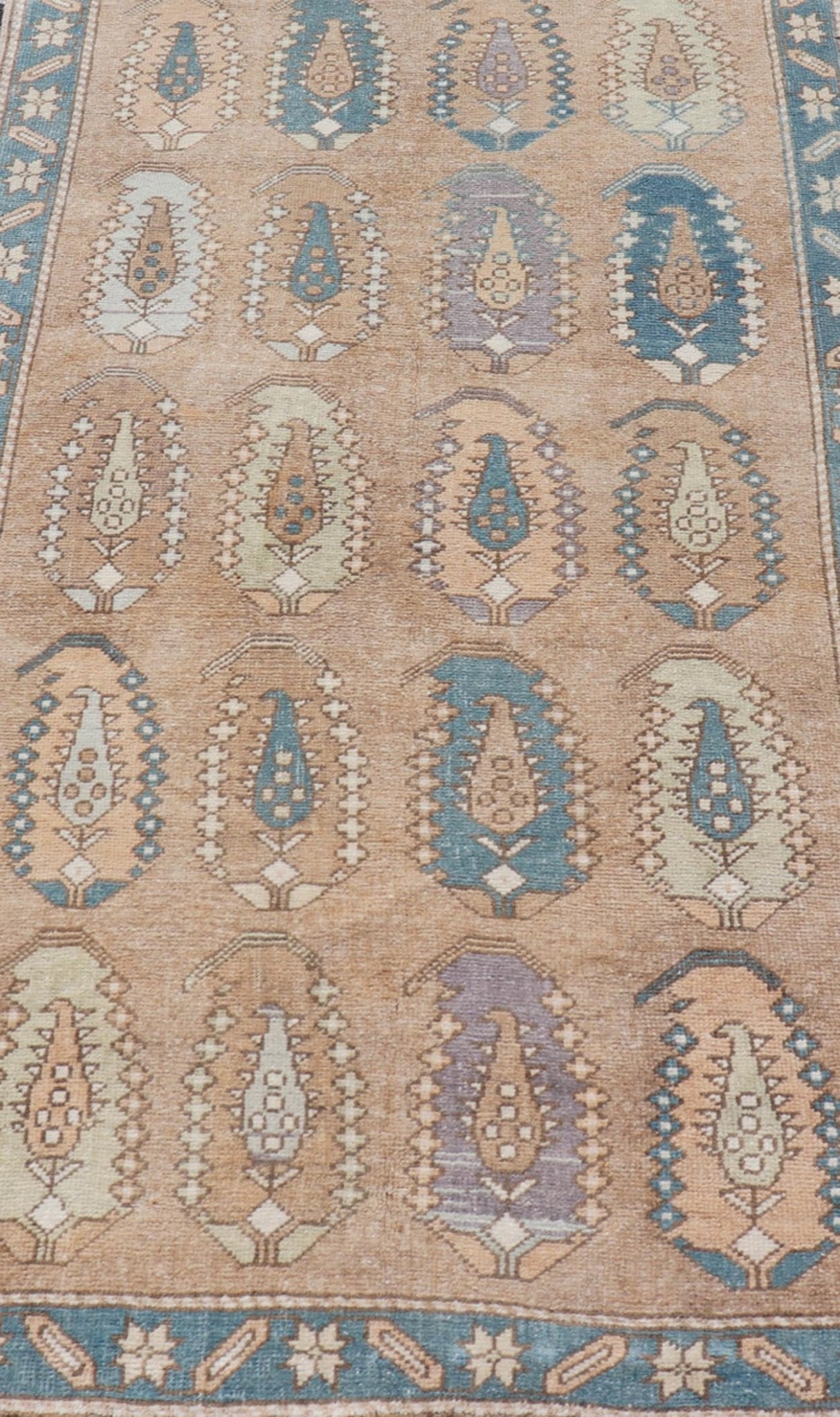 All - Over paisley Design Vintage Turkish Tulu, Keivan Woven Arts / rug TU - MTU - 4953, country of origin / type: Turkey / Oushak, circa 1940. Measures: 3'5 x 6'1 Vintage Turkish Tulu Rug with large Scale Paisley Design in Tans, Brown and Blue - Keivan Woven ArtsTU - MTU - 4953 - 18992Rug