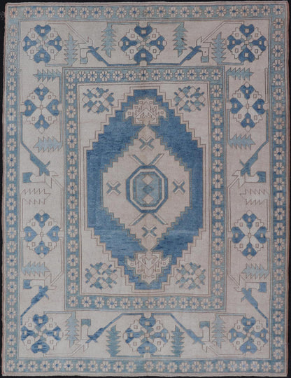 Vintage Turkish Oushak Rug With Medallion Design in Blue, Lt. Blue & Ivory Oushak vintage rug from Turkey with Geometric medallion in various blue tones, Light teal blue and ivory, Keivan Woven Arts/rug TU - MTU - 4954, country of origin / type: Tu... - Keivan Woven ArtsTU - MTU - 4954 - 18998Rug