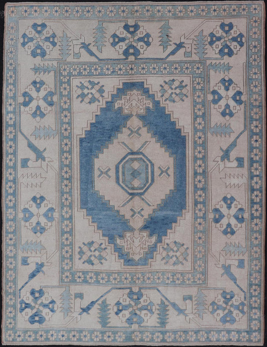 Vintage Turkish Oushak Rug With Medallion Design in Blue, Lt. Blue & Ivory Oushak vintage rug from Turkey with Geometric medallion in various blue tones, Light teal blue and ivory, Keivan Woven Arts/rug TU - MTU - 4954, country of origin / type: Tu... - Keivan Woven ArtsTU - MTU - 4954 - 18998Rug