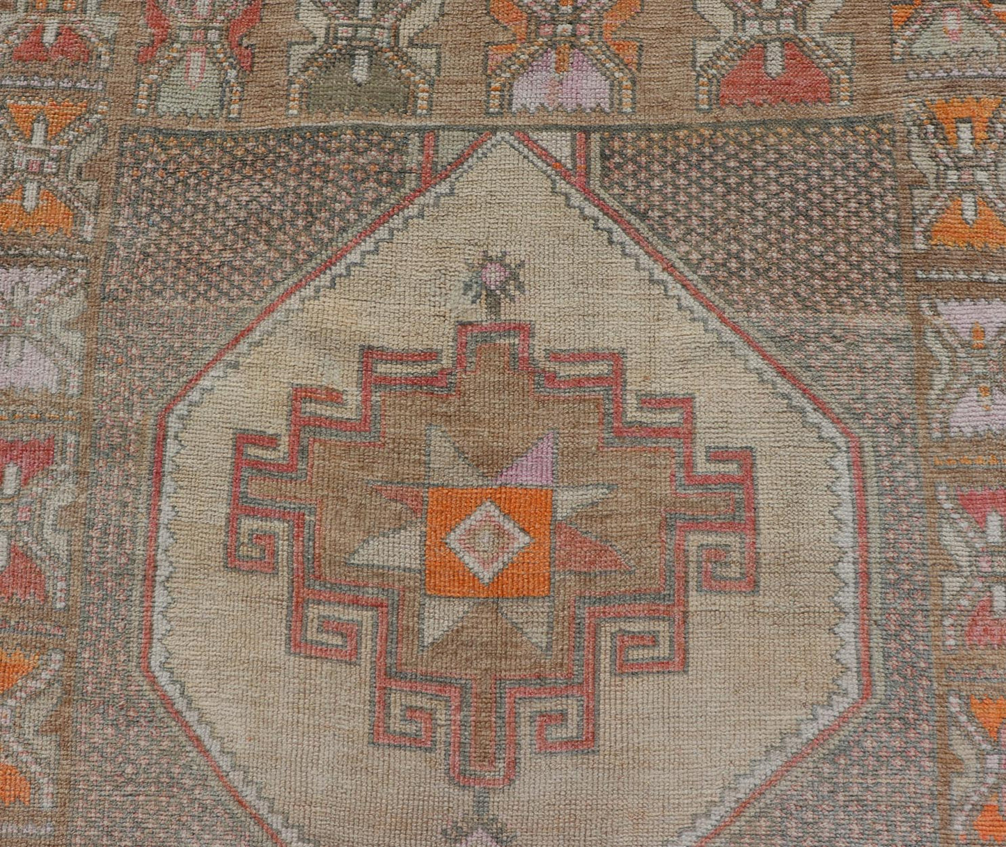 Vintage wide Gallery runner from Turkey with Medallion design in various tones of tan, taupe, orange, red, and browns. Keivan Woven Arts rug TU - MTU - 4955, country of origin / type: Turkey / Kars, circa 1940 Vintage Turkish Kars Runner in Brown Co... - Keivan Woven ArtsTU - MTU - 4955 - 19004Rug