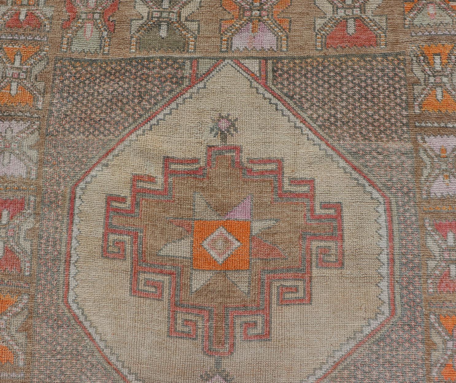 Vintage wide Gallery runner from Turkey with Medallion design in various tones of tan, taupe, orange, red, and browns. Keivan Woven Arts rug TU - MTU - 4955, country of origin / type: Turkey / Kars, circa 1940 Vintage Turkish Kars Runner in Brown Co... - Keivan Woven ArtsTU - MTU - 4955 - 19004Rug
