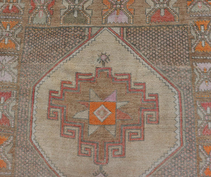 Vintage wide Gallery runner from Turkey with Medallion design in various tones of tan, taupe, orange, red, and browns. Keivan Woven Arts rug TU - MTU - 4955, country of origin / type: Turkey / Kars, circa 1940 Vintage Turkish Kars Runner in Brown Co... - Keivan Woven ArtsTU - MTU - 4955 - 19004Rug