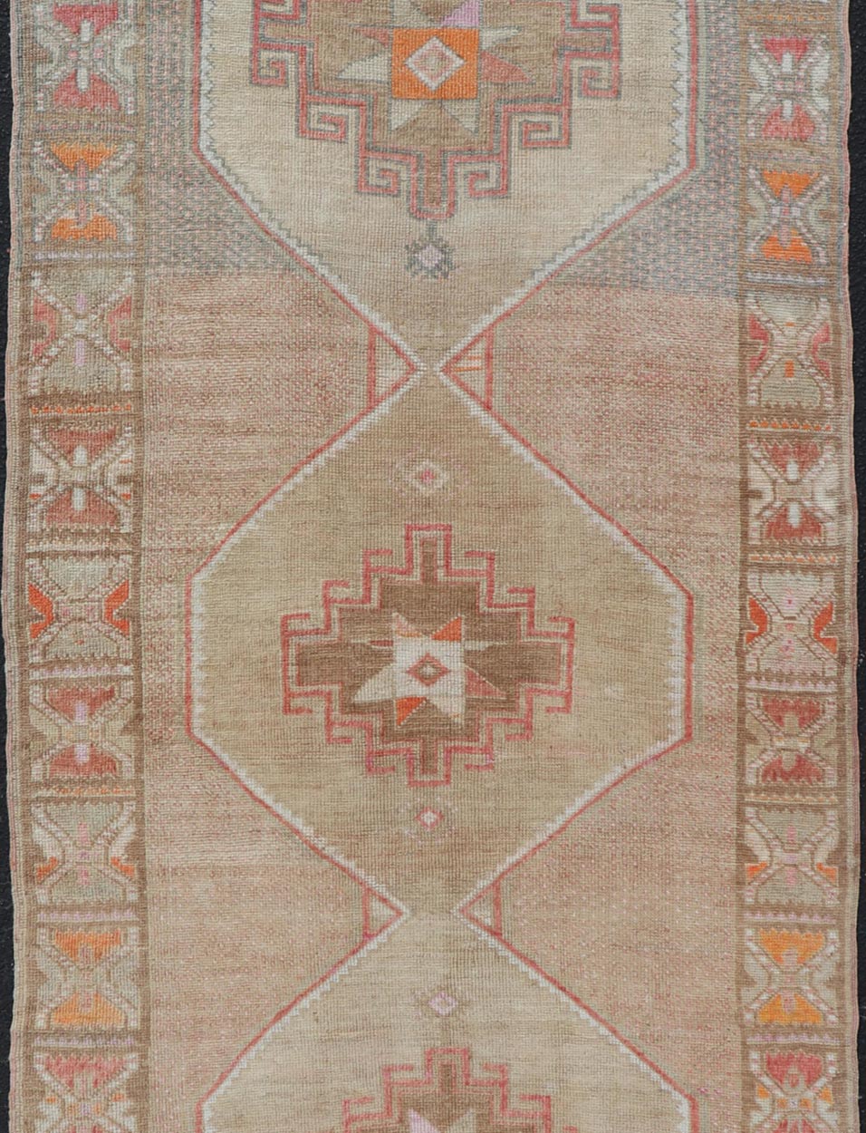 Vintage wide Gallery runner from Turkey with Medallion design in various tones of tan, taupe, orange, red, and browns. Keivan Woven Arts rug TU - MTU - 4955, country of origin / type: Turkey / Kars, circa 1940 Vintage Turkish Kars Runner in Brown Co... - Keivan Woven ArtsTU - MTU - 4955 - 19004Rug