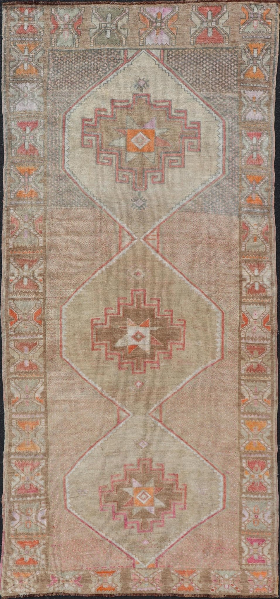 Vintage wide Gallery runner from Turkey with Medallion design in various tones of tan, taupe, orange, red, and browns. Keivan Woven Arts rug TU - MTU - 4955, country of origin / type: Turkey / Kars, circa 1940 Vintage Turkish Kars Runner in Brown Co... - Keivan Woven ArtsTU - MTU - 4955 - 19004Rug