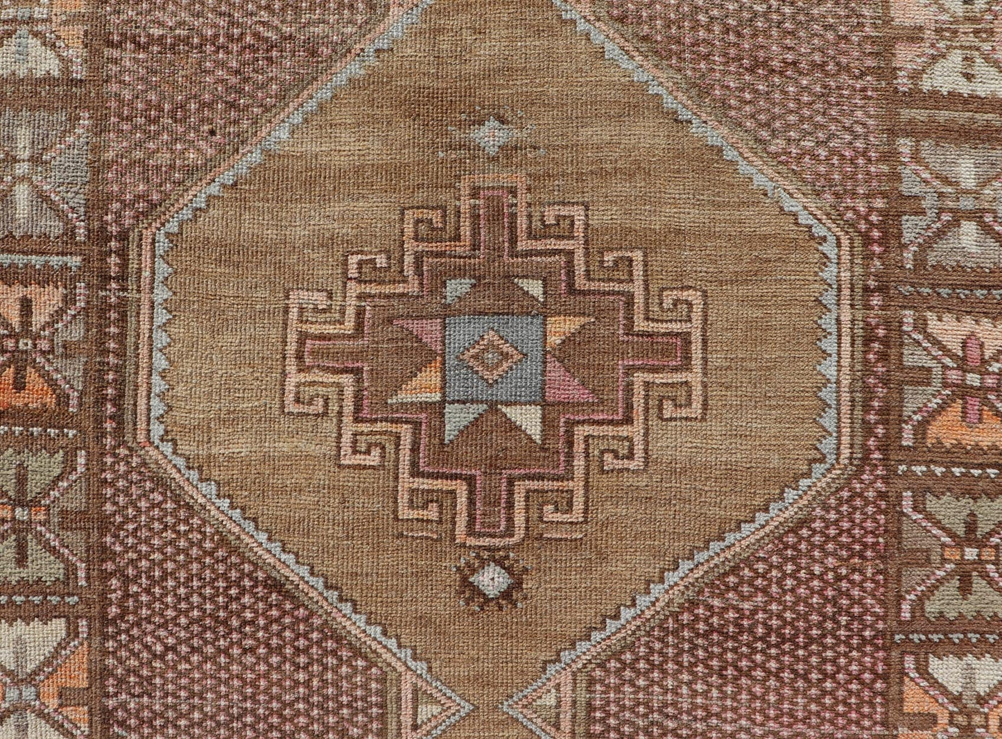 Unique & Colorful Turkish Kars Runner with Tribal Designs and Geometric Motifs Vintage Turkish runner in Brown background, accent colors, soft red, tan, green, light blue, taupe, rug/TU - MTU - 4956, country of origin / type: Turkey / Oushak, circa... - Keivan Woven ArtsTU - MTU - 4956 - 18649Rug