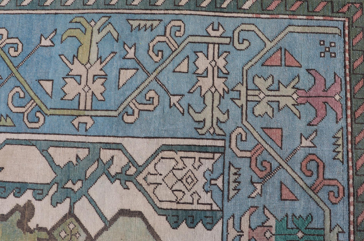 Unique Turkish Rug with Bold Florals in Lt, blue, Lt, Green, Teal & Pink Unusual and Unique Turkish Rug with Bold Florals in Lt, blue, Lt, Green, Teal & Pink, ivory. Keivan Woven Arts rug/TU - MTU - 4960. Set on Ivory background and light blue borde... - Keivan Woven ArtsTU - MTU - 4960 - 19010