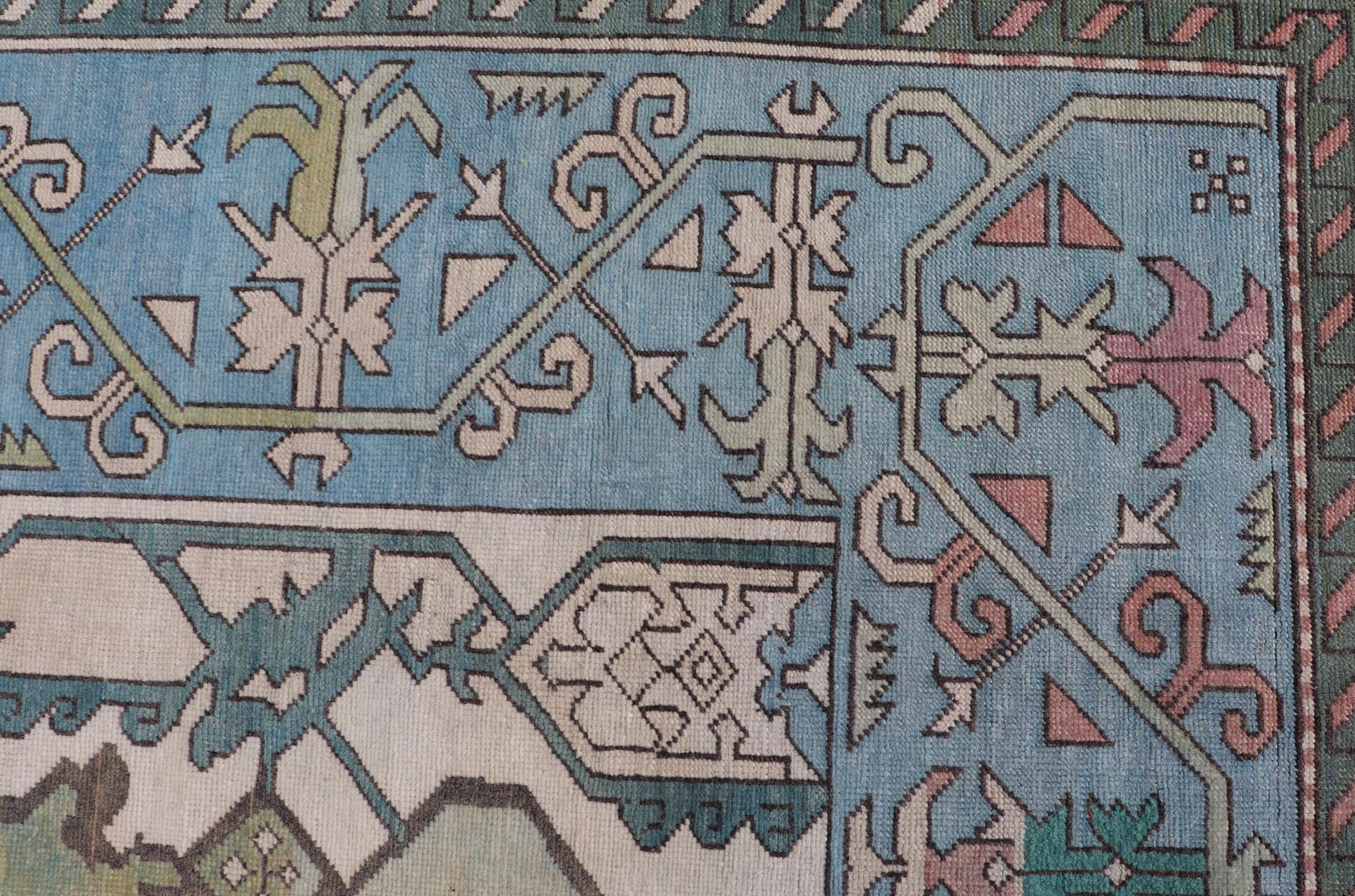 Unique Turkish Rug with Bold Florals in Lt, blue, Lt, Green, Teal & Pink Unusual and Unique Turkish Rug with Bold Florals in Lt, blue, Lt, Green, Teal & Pink, ivory. Keivan Woven Arts rug/TU - MTU - 4960. Set on Ivory background and light blue borde... - Keivan Woven ArtsTU - MTU - 4960 - 19010