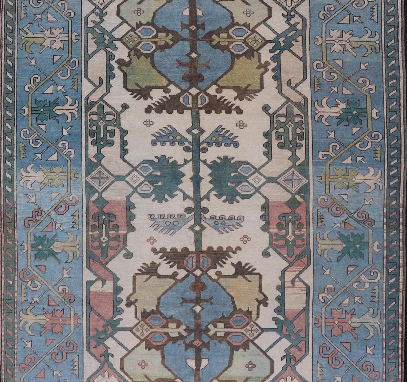 Unique Turkish Rug with Bold Florals in Lt, blue, Lt, Green, Teal & Pink Unusual and Unique Turkish Rug with Bold Florals in Lt, blue, Lt, Green, Teal & Pink, ivory. Keivan Woven Arts rug/TU - MTU - 4960. Set on Ivory background and light blue borde... - Keivan Woven ArtsTU - MTU - 4960 - 19010