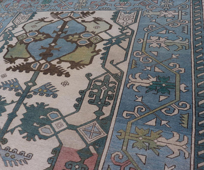 Unique Turkish Rug with Bold Florals in Lt, blue, Lt, Green, Teal & Pink Unusual and Unique Turkish Rug with Bold Florals in Lt, blue, Lt, Green, Teal & Pink, ivory. Keivan Woven Arts rug/TU - MTU - 4960. Set on Ivory background and light blue borde... - Keivan Woven ArtsTU - MTU - 4960 - 19010