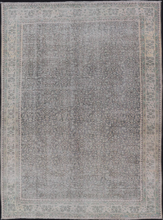Vintage Hand - Knotted Distressed Turkish Rug in Wool with All - Over Floral Pattern This vintage Turkish Oushak rug has been hand - knotted in wool and features an all - over sub - geometric distressed floral design rendered in cream, blue, green and ivo... - Keivan Woven ArtsTU - MTU - 4962 - 19172