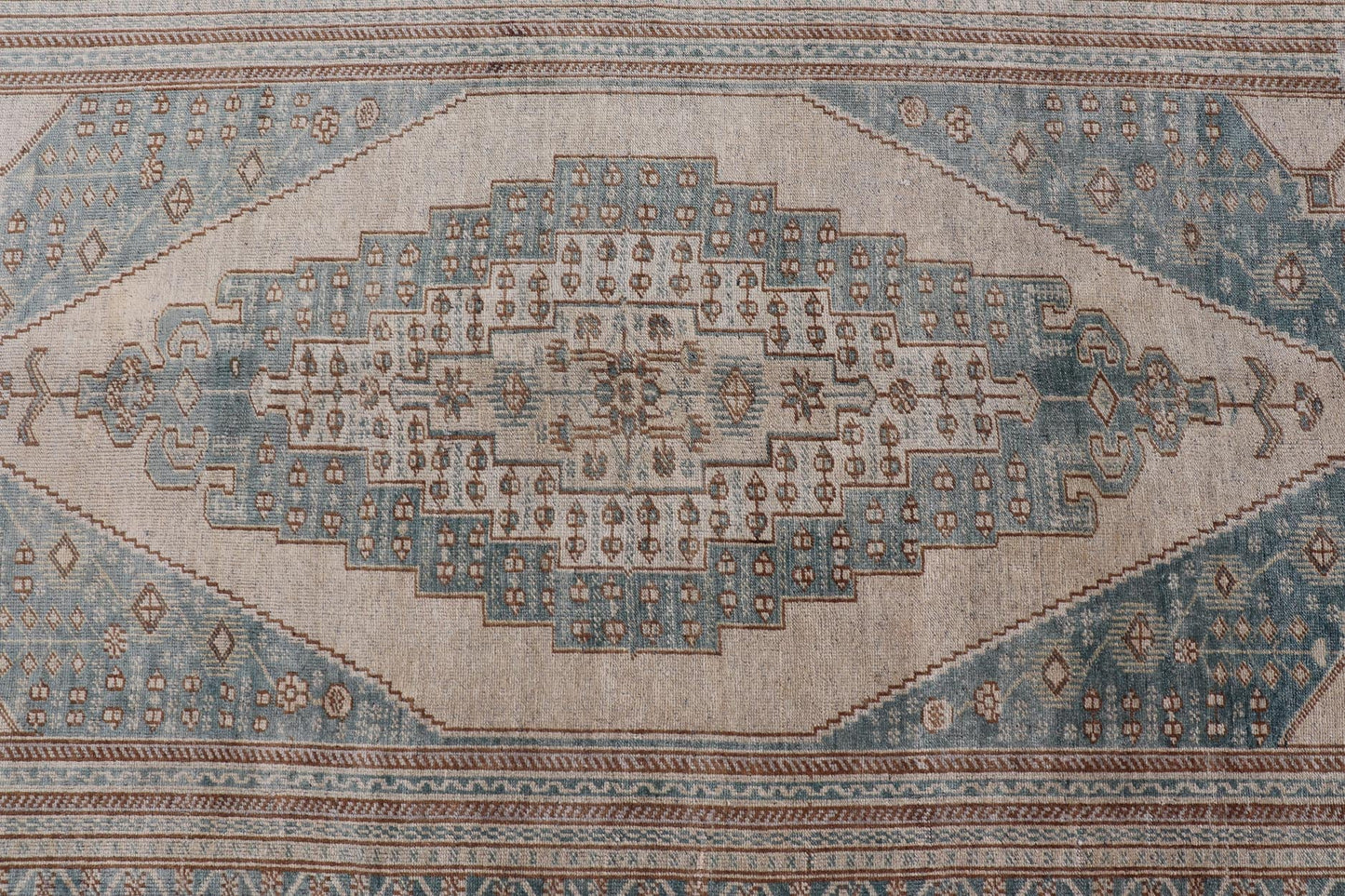 Vintage Oushak Rug in Muted Taupe, Soft Blue, Tan, and Light Brown Vintage Oushak rug in muted taupe, tan, and light brown, and light blue Turkish Oushak rug with taupe and blue. Keivan Woven Arts / rug TU - MTU - 4963 country of origin / type: Turk... - Keivan Woven ArtsTU - MTU - 4963 - 19022Rug