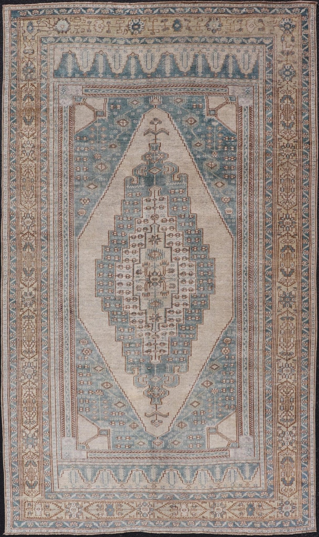 Vintage Oushak Rug in Muted Taupe, Soft Blue, Tan, and Light Brown Vintage Oushak rug in muted taupe, tan, and light brown, and light blue Turkish Oushak rug with taupe and blue. Keivan Woven Arts / rug TU - MTU - 4963 country of origin / type: Turk... - Keivan Woven ArtsTU - MTU - 4963 - 19022Rug