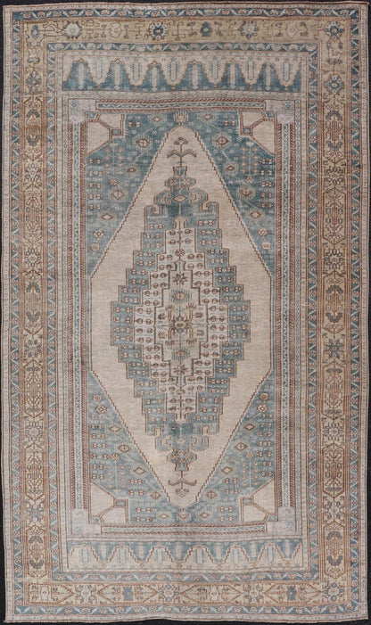 Vintage Oushak Rug in Muted Taupe, Soft Blue, Tan, and Light Brown Vintage Oushak rug in muted taupe, tan, and light brown, and light blue Turkish Oushak rug with taupe and blue. Keivan Woven Arts / rug TU - MTU - 4963 country of origin / type: Turk... - Keivan Woven ArtsTU - MTU - 4963 - 19022Rug