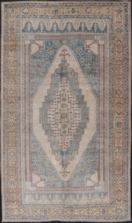 Vintage Oushak Rug in Muted Taupe, Soft Blue, Tan, and Light Brown Vintage Oushak rug in muted taupe, tan, and light brown, and light blue Turkish Oushak rug with taupe and blue. Keivan Woven Arts / rug TU - MTU - 4963 country of origin / type: Turk... - Keivan Woven ArtsTU - MTU - 4963 - 19022Rug