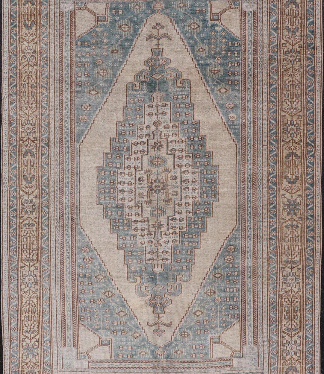 Vintage Oushak Rug in Muted Taupe, Soft Blue, Tan, and Light Brown Vintage Oushak rug in muted taupe, tan, and light brown, and light blue Turkish Oushak rug with taupe and blue. Keivan Woven Arts / rug TU - MTU - 4963 country of origin / type: Turk... - Keivan Woven ArtsTU - MTU - 4963 - 19022Rug