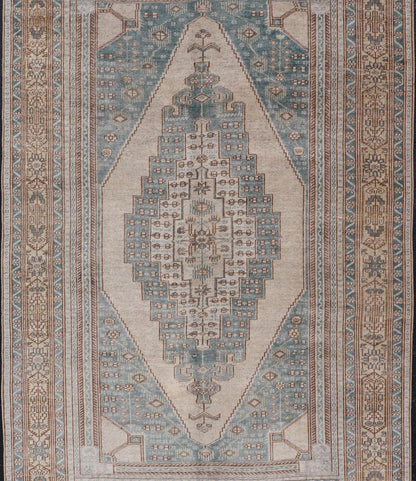 Vintage Oushak Rug in Muted Taupe, Soft Blue, Tan, and Light Brown Vintage Oushak rug in muted taupe, tan, and light brown, and light blue Turkish Oushak rug with taupe and blue. Keivan Woven Arts / rug TU - MTU - 4963 country of origin / type: Turk... - Keivan Woven ArtsTU - MTU - 4963 - 19022Rug