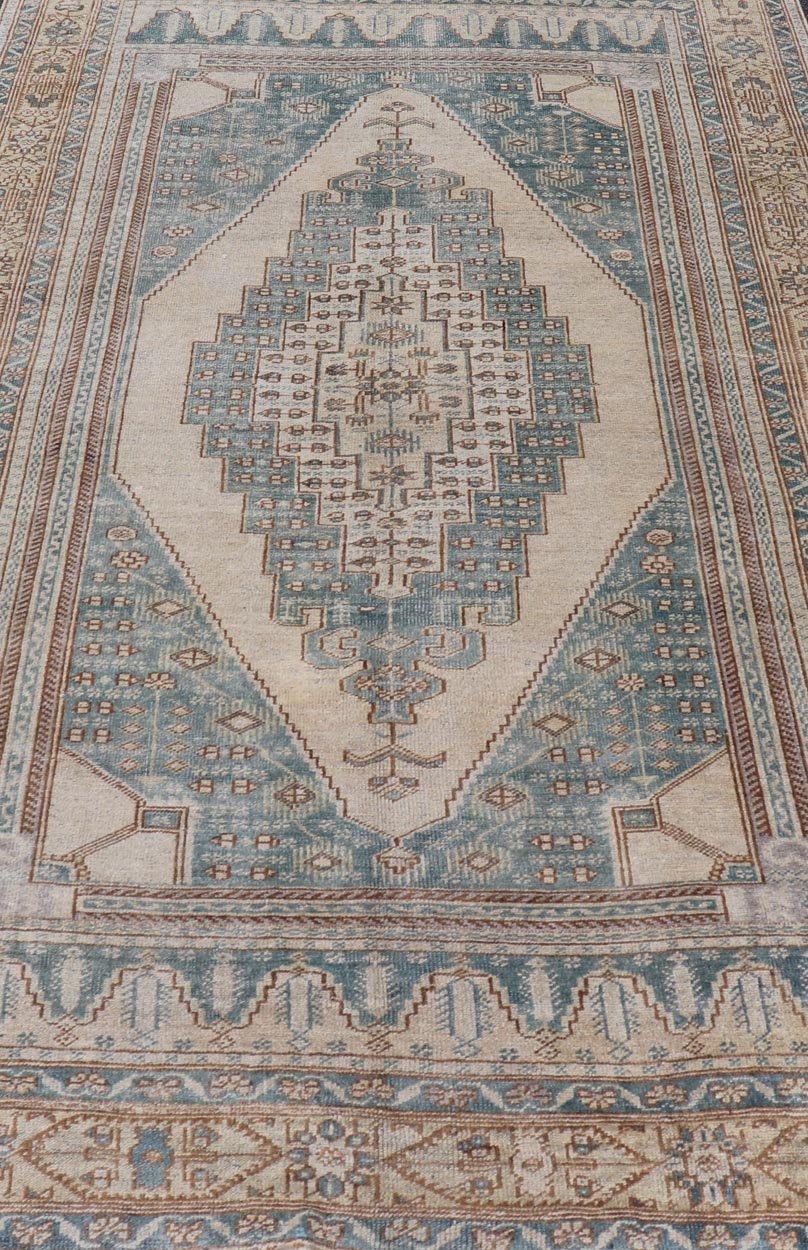 Vintage Oushak Rug in Muted Taupe, Soft Blue, Tan, and Light Brown Vintage Oushak rug in muted taupe, tan, and light brown, and light blue Turkish Oushak rug with taupe and blue. Keivan Woven Arts / rug TU - MTU - 4963 country of origin / type: Turk... - Keivan Woven ArtsTU - MTU - 4963 - 19022Rug