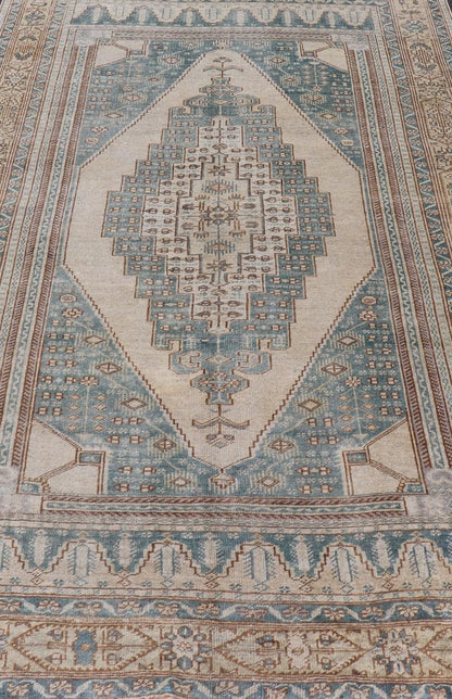 Vintage Oushak Rug in Muted Taupe, Soft Blue, Tan, and Light Brown Vintage Oushak rug in muted taupe, tan, and light brown, and light blue Turkish Oushak rug with taupe and blue. Keivan Woven Arts / rug TU - MTU - 4963 country of origin / type: Turk... - Keivan Woven ArtsTU - MTU - 4963 - 19022Rug