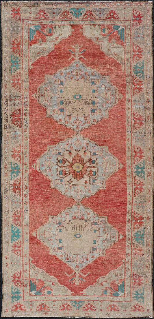 Vintage Turkish Oushak Gallery Runner with Floral's in Orange and Green Medallion vintage Turkish Oushak in orange, green, cream and brown, Keivan Woven Arts / rug TU - MTU - 4966 country of origin / type: Turkey / Oushak, circa 1940. Measure... - Keivan Woven ArtsTU - MTU - 4966 - 19028Rug