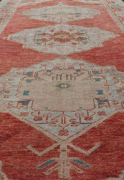 Vintage Turkish Oushak Gallery Runner with Floral's in Orange and Green Medallion vintage Turkish Oushak in orange, green, cream and brown, Keivan Woven Arts / rug TU - MTU - 4966 country of origin / type: Turkey / Oushak, circa 1940. Measure... - Keivan Woven ArtsTU - MTU - 4966 - 19028Rug