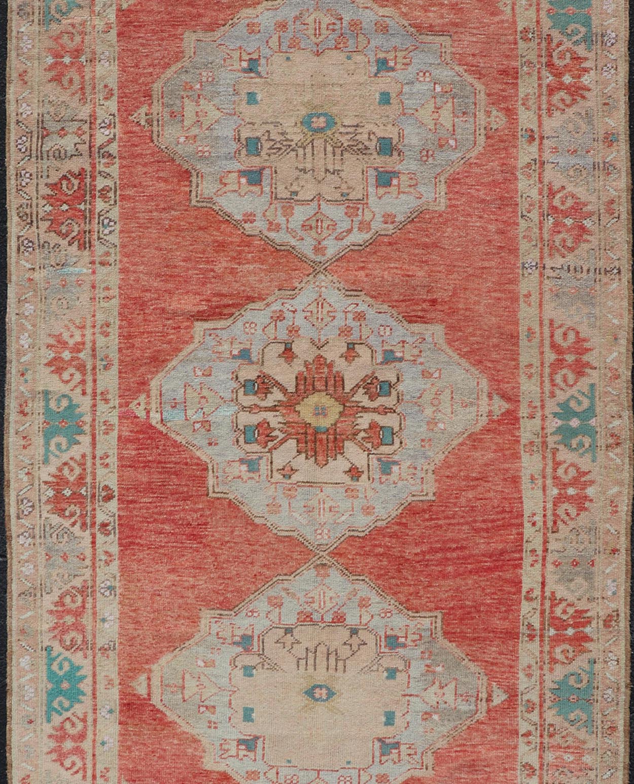 Vintage Turkish Oushak Gallery Runner with Floral's in Orange and Green Medallion vintage Turkish Oushak in orange, green, cream and brown, Keivan Woven Arts / rug TU - MTU - 4966 country of origin / type: Turkey / Oushak, circa 1940. Measure... - Keivan Woven ArtsTU - MTU - 4966 - 19028Rug