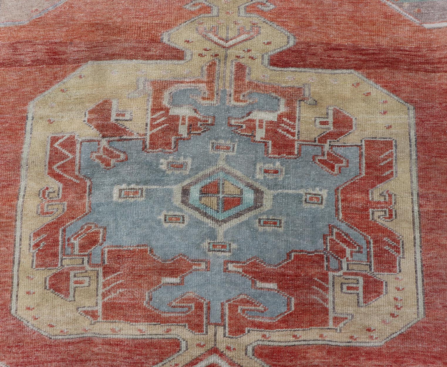 Vintage Turkish Oushak Rug with Large Medallion Design in Soft Red, Blue, Yellow. Square Oushak, Vintage oushak Layered geometric medallion design in light blue, tan, soft red, soft yellow, Oushak vintage rug from Turkey, Keivan Woven Arts rug... - Keivan Woven ArtsTU - MTU - 4968 - 19178Rug