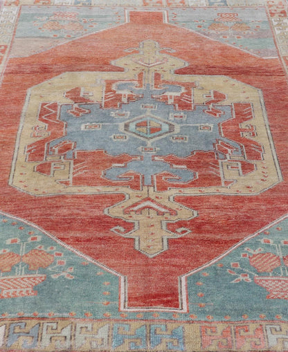 Vintage Turkish Oushak Rug with Large Medallion Design in Soft Red, Blue, Yellow. Square Oushak, Vintage oushak Layered geometric medallion design in light blue, tan, soft red, soft yellow, Oushak vintage rug from Turkey, Keivan Woven Arts rug... - Keivan Woven ArtsTU - MTU - 4968 - 19178Rug