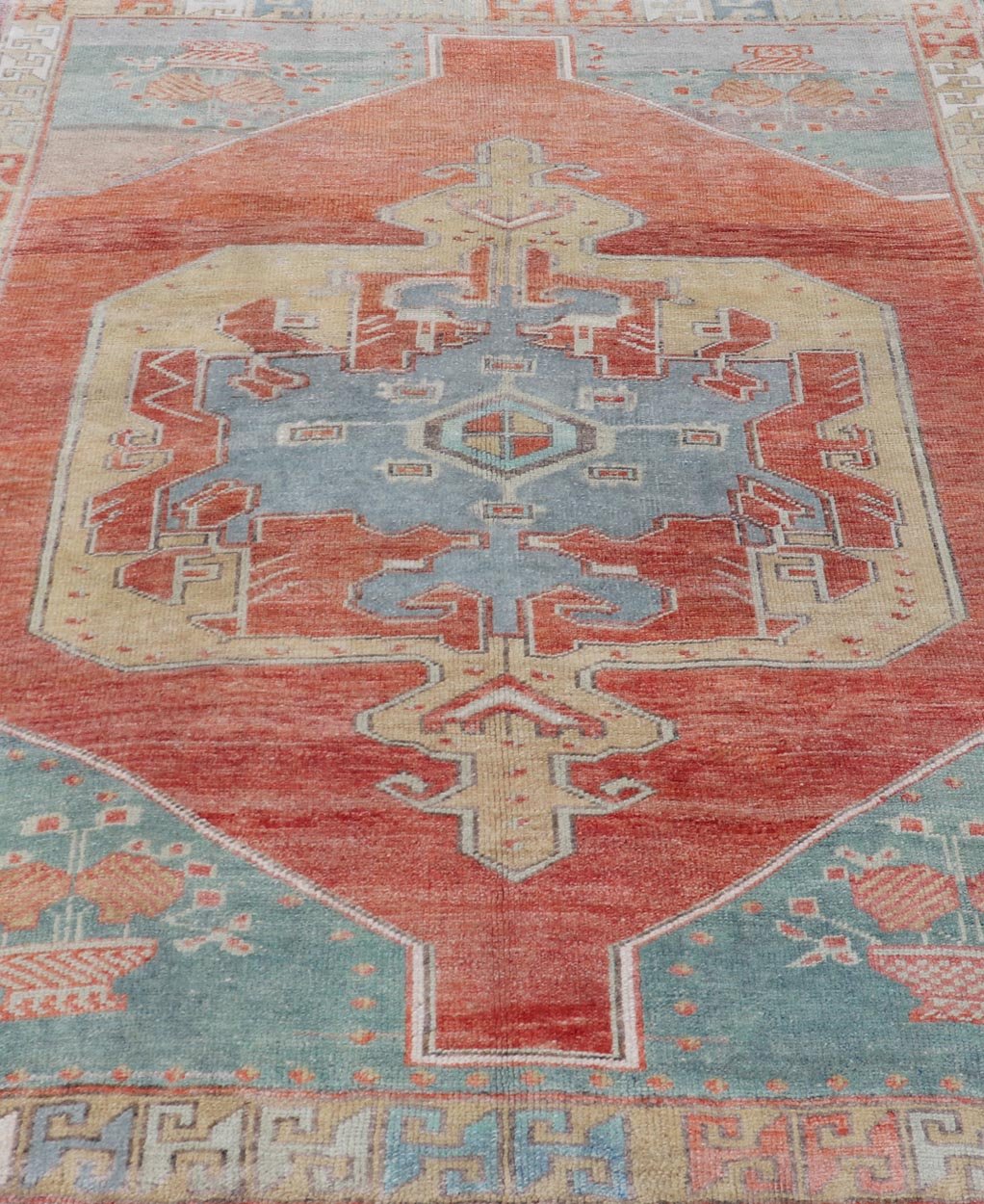 Vintage Turkish Oushak Rug with Large Medallion Design in Soft Red, Blue, Yellow. Square Oushak, Vintage oushak Layered geometric medallion design in light blue, tan, soft red, soft yellow, Oushak vintage rug from Turkey, Keivan Woven Arts rug... - Keivan Woven ArtsTU - MTU - 4968 - 19178