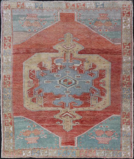 Vintage Turkish Oushak Rug with Large Medallion Design in Soft Red, Blue, Yellow. Square Oushak, Vintage oushak Layered geometric medallion design in light blue, tan, soft red, soft yellow, Oushak vintage rug from Turkey, Keivan Woven Arts rug... - Keivan Woven ArtsTU - MTU - 4968 - 19178Rug