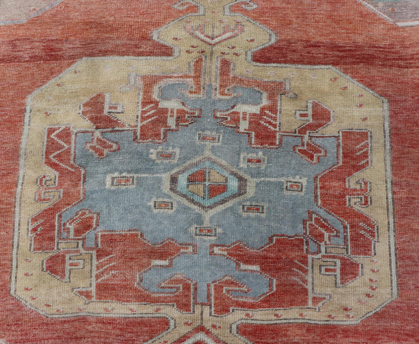 Vintage Turkish Oushak Rug with Large Medallion Design in Soft Red, Blue, Yellow. Square Oushak, Vintage oushak Layered geometric medallion design in light blue, tan, soft red, soft yellow, Oushak vintage rug from Turkey, Keivan Woven Arts rug... - Keivan Woven ArtsTU - MTU - 4968 - 19178