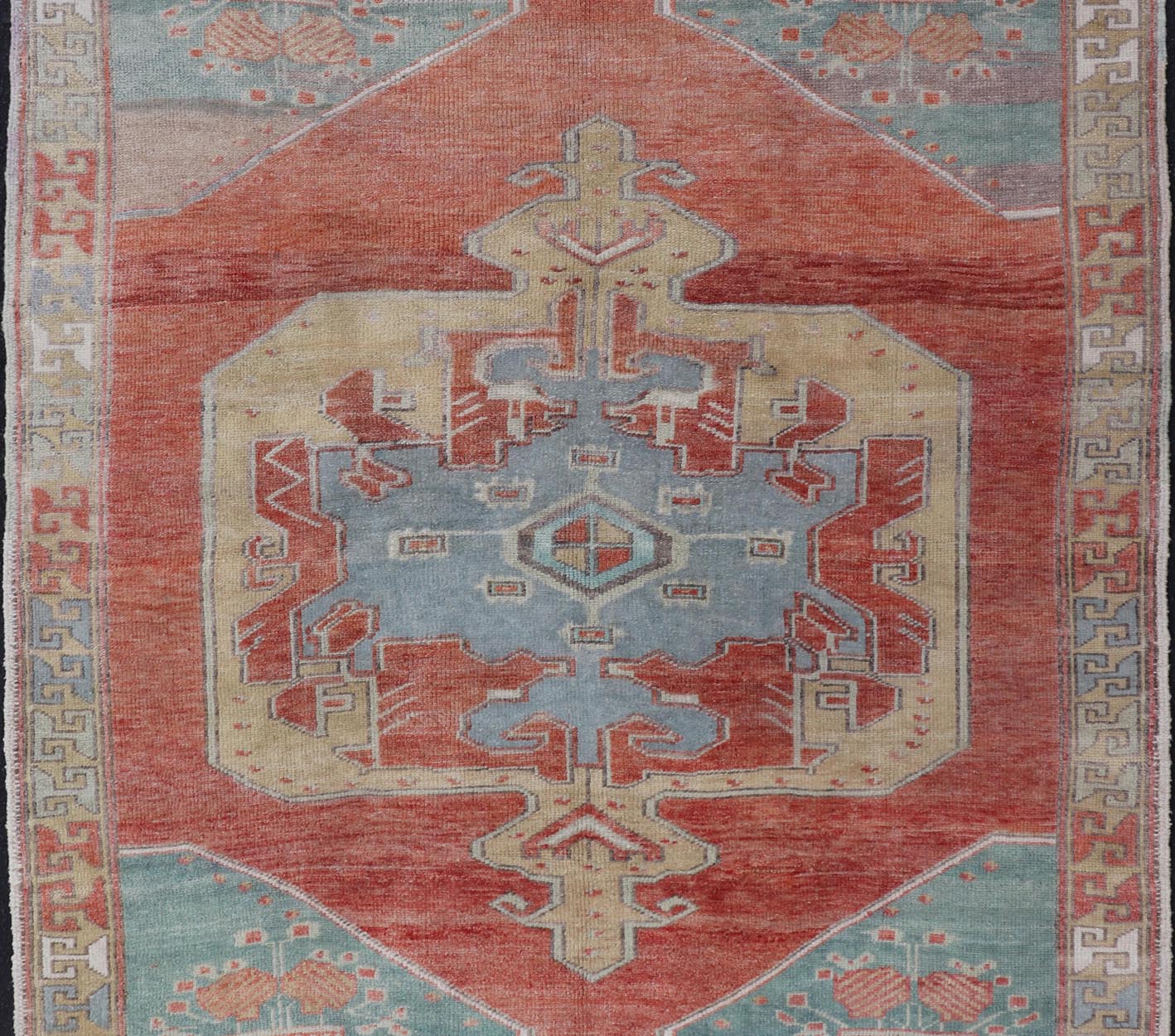 Vintage Turkish Oushak Rug with Large Medallion Design in Soft Red, Blue, Yellow. Square Oushak, Vintage oushak Layered geometric medallion design in light blue, tan, soft red, soft yellow, Oushak vintage rug from Turkey, Keivan Woven Arts rug... - Keivan Woven ArtsTU - MTU - 4968 - 19178Rug