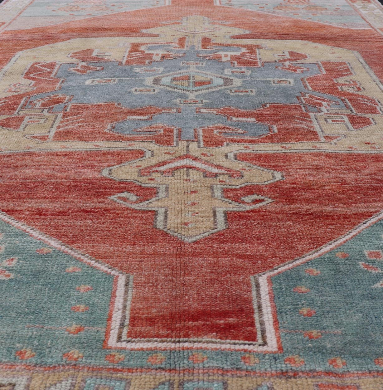 Vintage Turkish Oushak Rug with Large Medallion Design in Soft Red, Blue, Yellow. Square Oushak, Vintage oushak Layered geometric medallion design in light blue, tan, soft red, soft yellow, Oushak vintage rug from Turkey, Keivan Woven Arts rug... - Keivan Woven ArtsTU - MTU - 4968 - 19178Rug