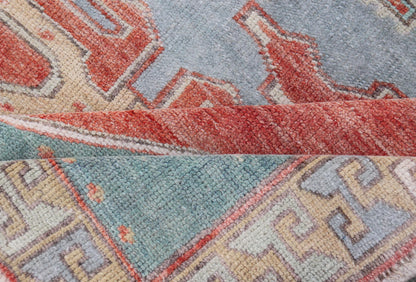 Vintage Turkish Oushak Rug with Large Medallion Design in Soft Red, Blue, Yellow. Square Oushak, Vintage oushak Layered geometric medallion design in light blue, tan, soft red, soft yellow, Oushak vintage rug from Turkey, Keivan Woven Arts rug... - Keivan Woven ArtsTU - MTU - 4968 - 19178
