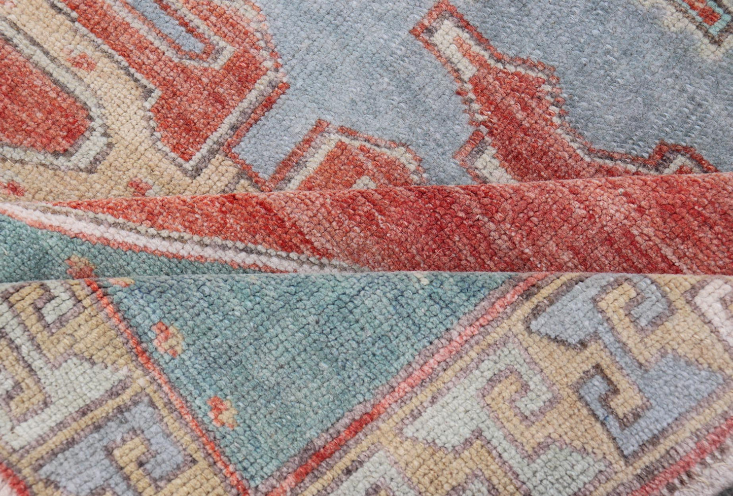 Vintage Turkish Oushak Rug with Large Medallion Design in Soft Red, Blue, Yellow. Square Oushak, Vintage oushak Layered geometric medallion design in light blue, tan, soft red, soft yellow, Oushak vintage rug from Turkey, Keivan Woven Arts rug... - Keivan Woven ArtsTU - MTU - 4968 - 19178Rug