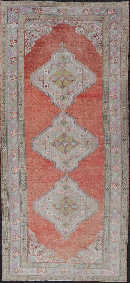 Vintage Turkish Oushak Gallery Runner in Coral, Grey, Green, Lavender, Yellow. Colorful and Calm medallion vintage Oushak gallery runner from Turkey with Geometric Medallion Design, Keivan Woven Arts rug/TU - MTU - 4969, country of origin / type: T... - Keivan Woven ArtsTU - MTU - 4969 - 19184Rug