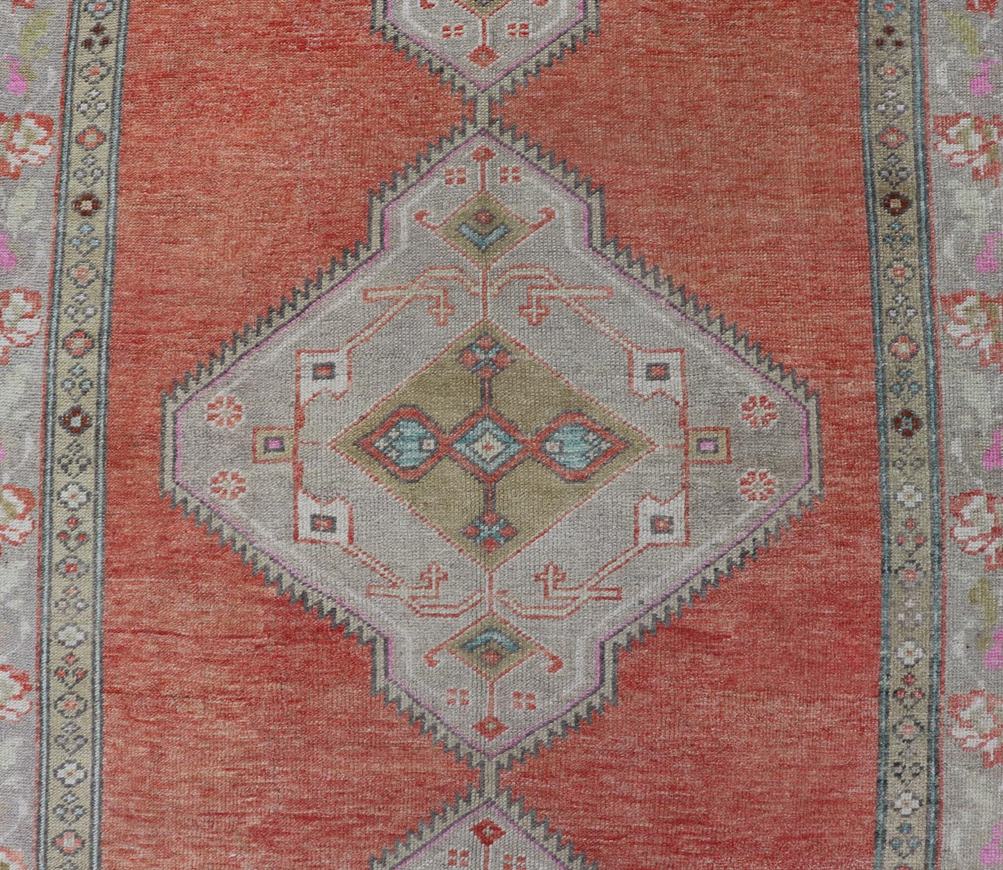 Vintage Turkish Oushak Gallery Runner in Coral, Grey, Green, Lavender, Yellow. Colorful and Calm medallion vintage Oushak gallery runner from Turkey with Geometric Medallion Design, Keivan Woven Arts rug/TU - MTU - 4969, country of origin / type: T... - Keivan Woven ArtsTU - MTU - 4969 - 19184Rug