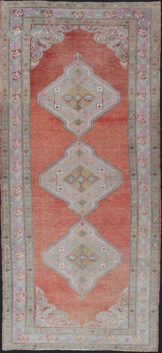 Vintage Turkish Oushak Gallery Runner in Coral, Grey, Green, Lavender, Yellow. Colorful and Calm medallion vintage Oushak gallery runner from Turkey with Geometric Medallion Design, Keivan Woven Arts rug/TU - MTU - 4969, country of origin / type: T... - Keivan Woven ArtsTU - MTU - 4969 - 19184