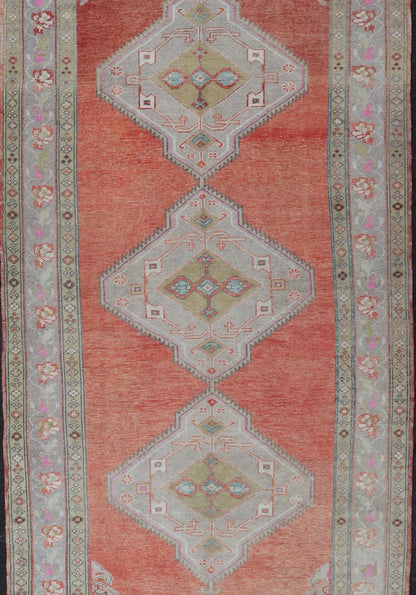 Vintage Turkish Oushak Gallery Runner in Coral, Grey, Green, Lavender, Yellow. Colorful and Calm medallion vintage Oushak gallery runner from Turkey with Geometric Medallion Design, Keivan Woven Arts rug/TU - MTU - 4969, country of origin / type: T... - Keivan Woven ArtsTU - MTU - 4969 - 19184Rug