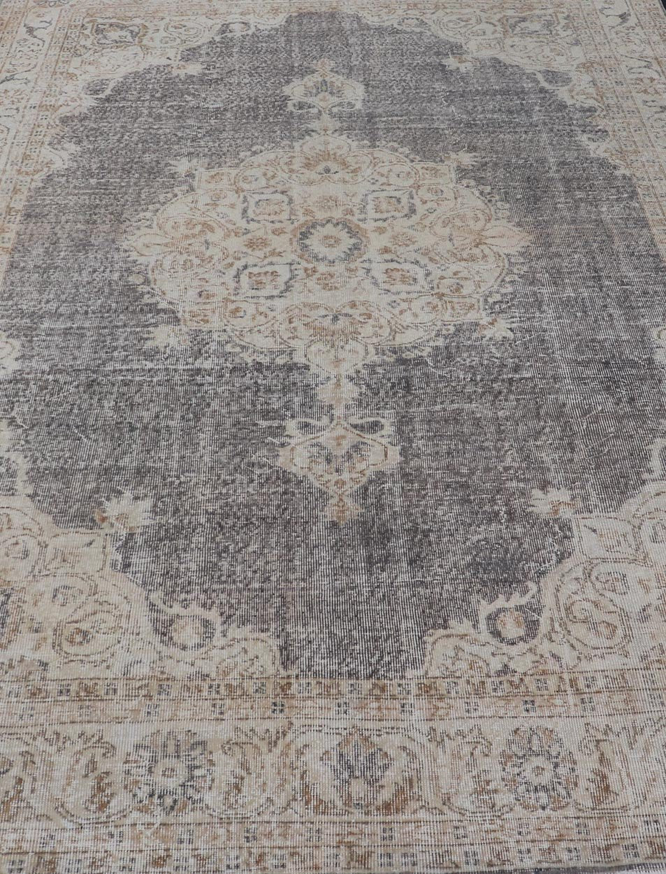 Distressed Turkish Carpet with medallion Design in Dark Gray, Lt. Brown & Cream Distressed Turkish Vintage Carpet in Taupe, Dark Gray, brown, Tan and Cream Keivan Woven Arts rug/TU - MTU - 4972. Turkish distressed rug. Measures: 7'0 x 1... - Keivan Woven ArtsTU - MTU - 4972 - 19190
