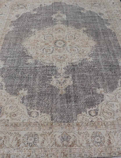 Distressed Turkish Carpet with medallion Design in Dark Gray, Lt. Brown & Cream Distressed Turkish Vintage Carpet in Taupe, Dark Gray, brown, Tan and Cream Keivan Woven Arts rug/TU - MTU - 4972. Turkish distressed rug. Measures: 7'0 x 1... - Keivan Woven ArtsTU - MTU - 4972 - 19190